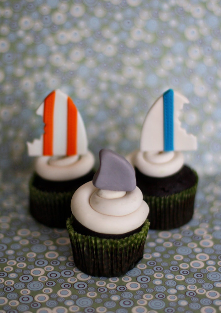 Fondant Surfboard and Shark Fin Toppers for Decorating Cupcakes