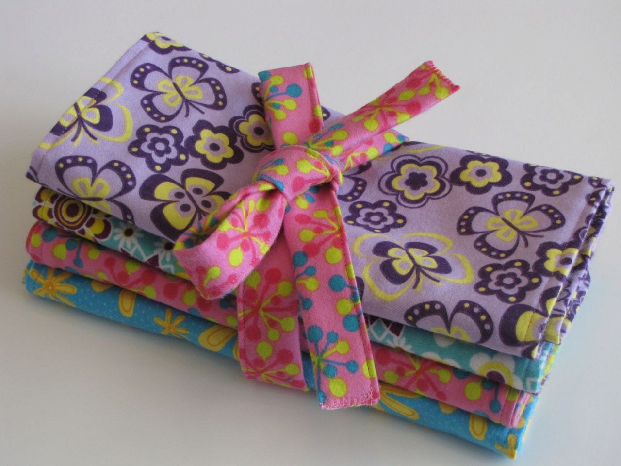 Burp Cloths, Extra large, Baby Girl, Flannel double sided, set of 4, Bright Colors, Matching gift Bow, Handmade