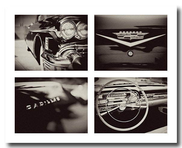Cadillac Collage, Black and White Photography, Vintage Car Collage for Men, 1950s Retro Car Print, Masculine, Mad Men, Large Wall Art.