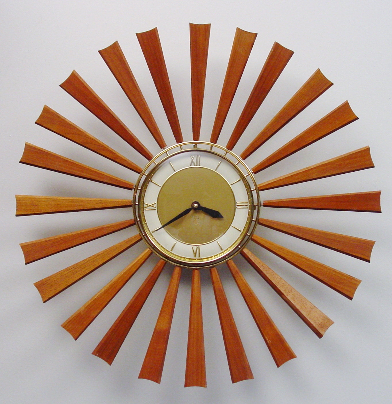 Midcentury Modern Starburst Clock, 24 Teak Rays, Atomic Wall Clock, Sunburst Design Modern Clock, Mad Men