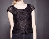 Sparkly Sequin and Beaded Black Lace Top M