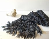 Hand knit charcoal gray scarf / rustic / autumn / winter / neck cozy / soft / neck warmer / long / lush fringes / country chic