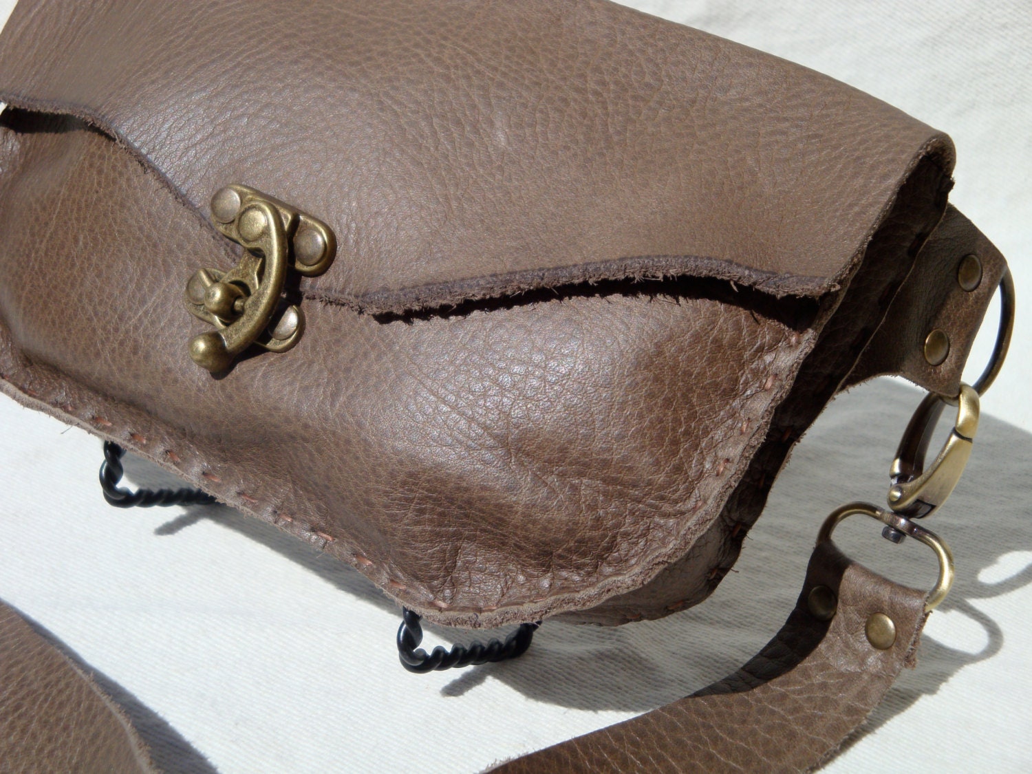 Taupe Leather Hip Bag/Fanny Pack with Antique Brass Clasp