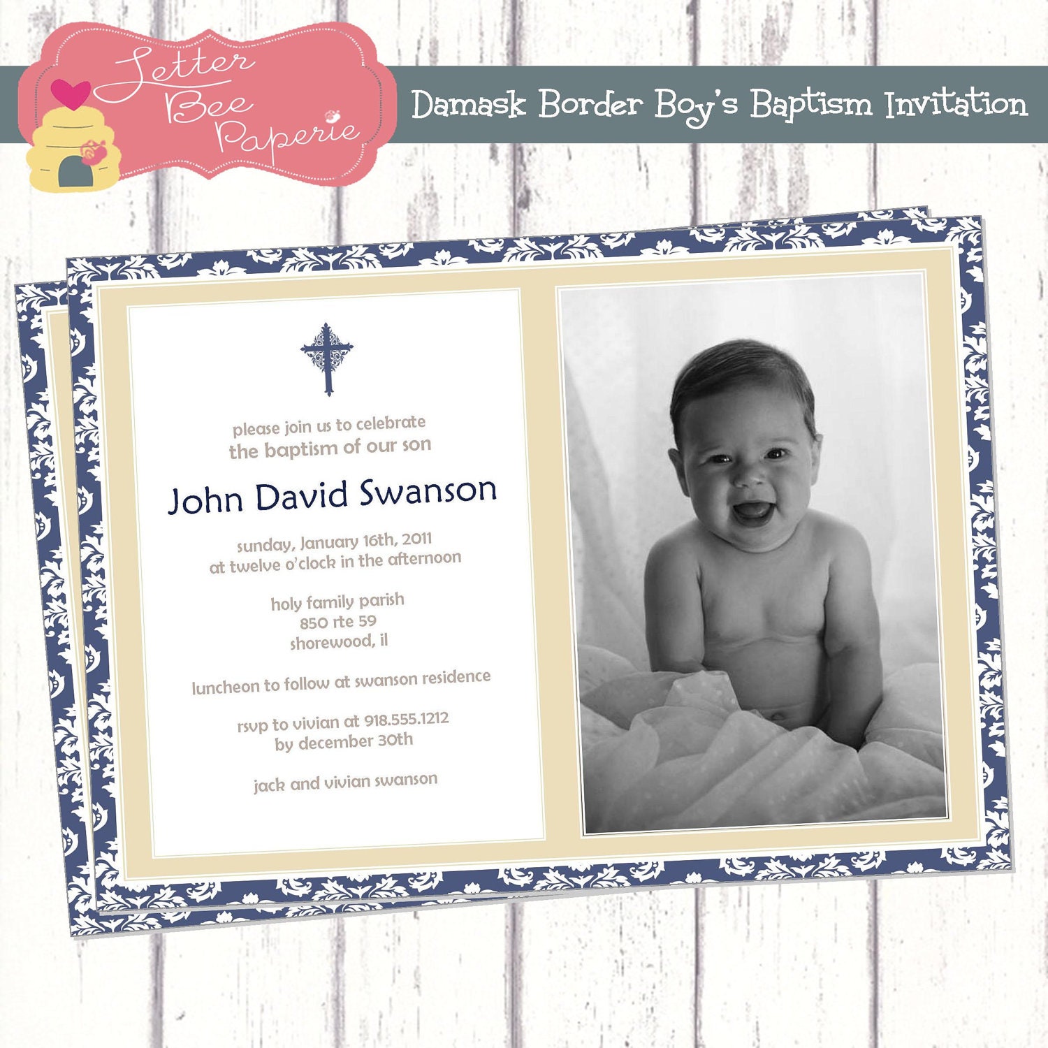 Modern Damask Photo Baptism / Christening Invitation - Choose Your Colors - DIY Printable File Il_570xn