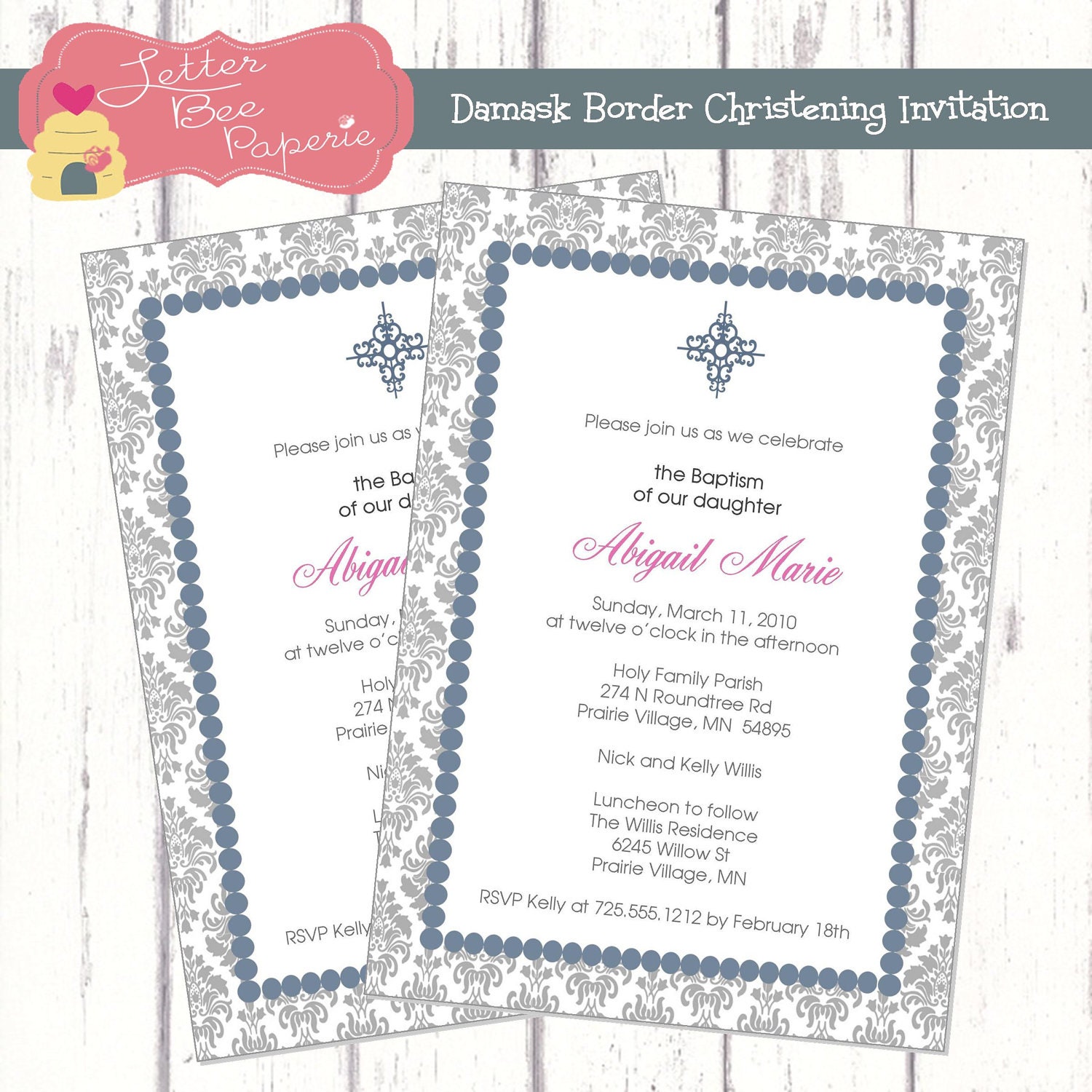 Damask Baptism / Christening Invitation - Choose Your Colors - DIY Printable File Il_570xn