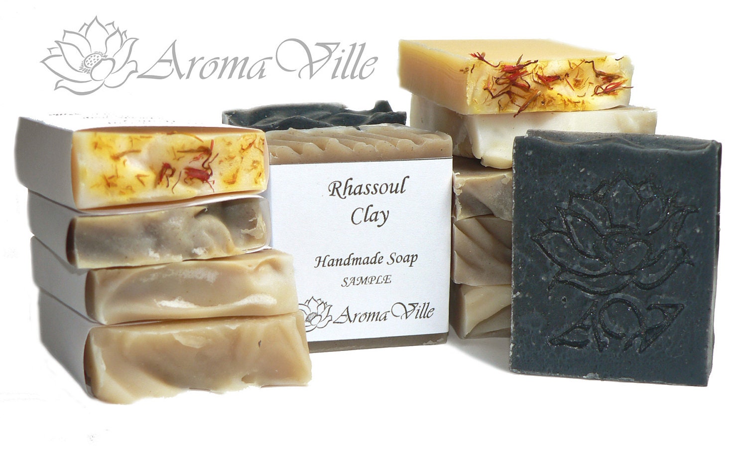 Set of 6 assorted handmade soaps in travel size.