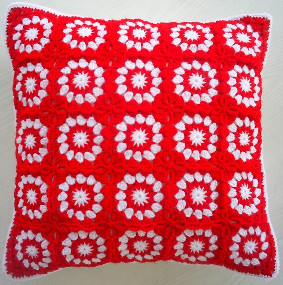 the red and white crochet granny square cushion cover / pillow cover