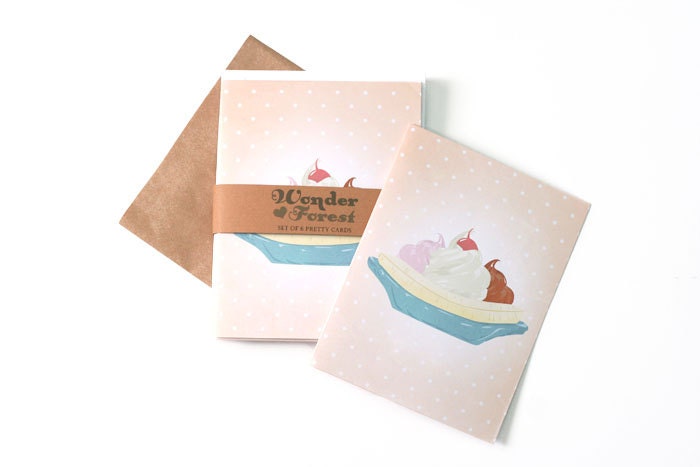 Retro Banana Split Ice Cream Card Set of 6 - Celebration, Congratulations, or Birthday Illustrated Note Card
