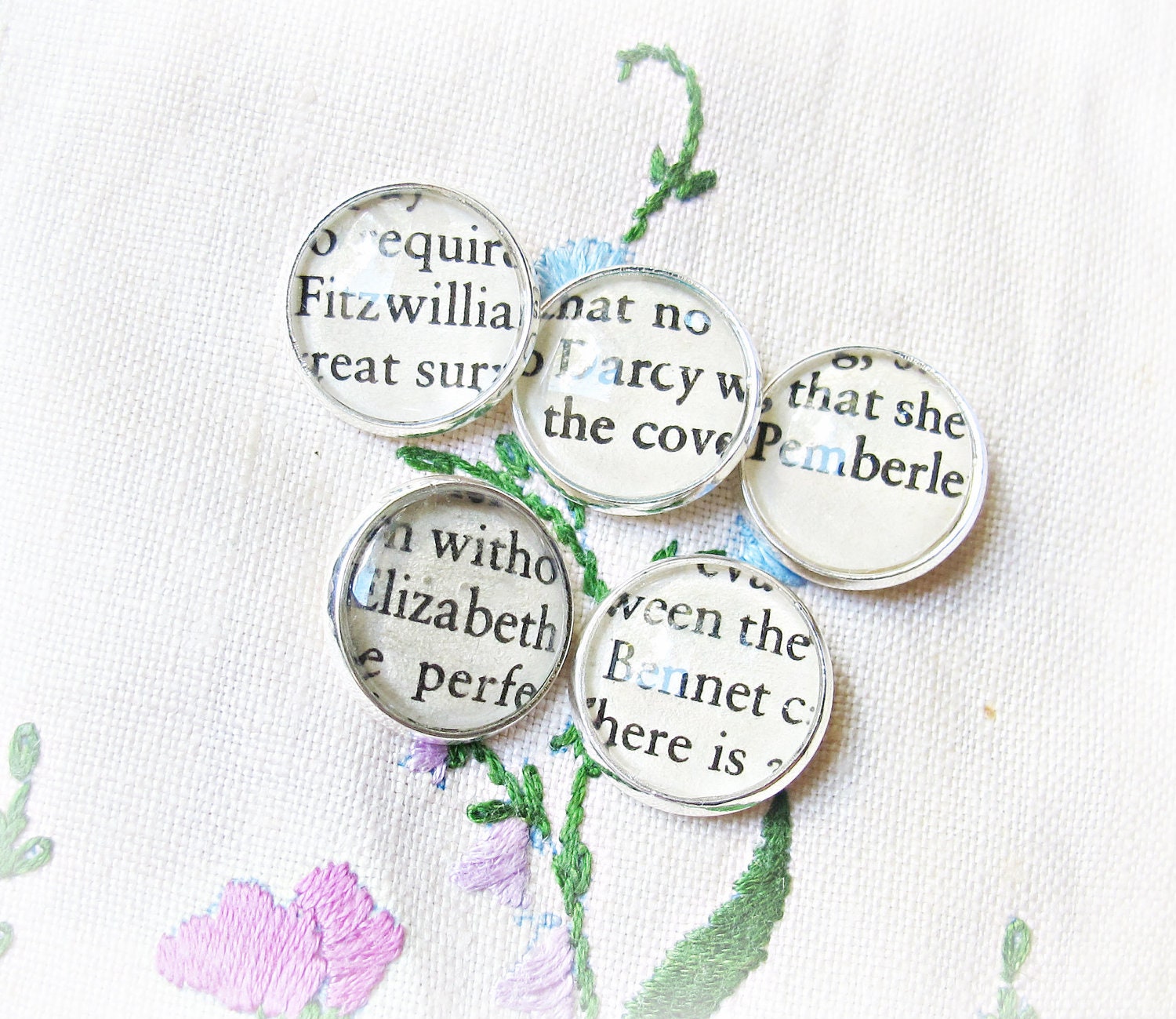 Handmade Buttons Set Pride and Prejudice Jane Austen Mr Darcy Elizabeth Bennet Vintage Upcycled Silver Text Book