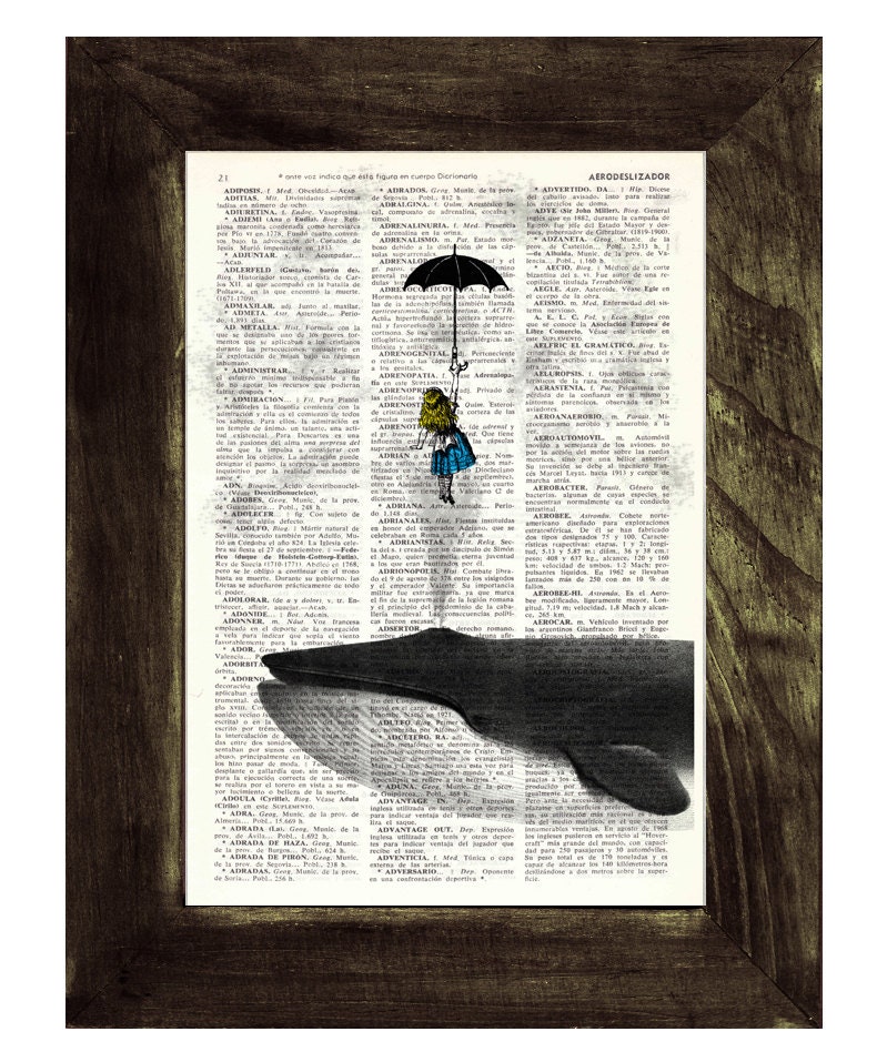 Alice in Wonderland Dictionary Book Print - Alice in the Sky with Umbrella (and a Whale)  Collage Print on Vintage Dictionary Book art