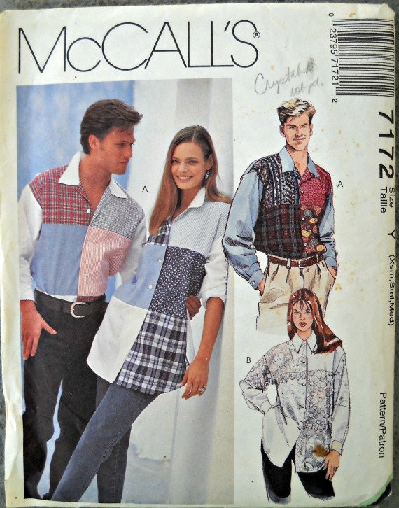McCall's 7172, Misses', Men's, or Teen Boys' Shirts, Sizes X-Small, Small, Medium