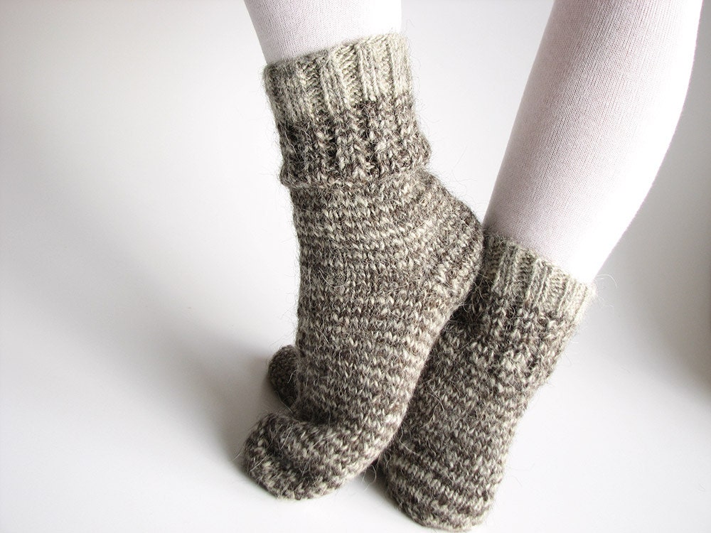 Hand Knitted Socks - Made of Hand Spun Undyed Wool Yarn - 100% Natural Organic Warm Winter Clothing