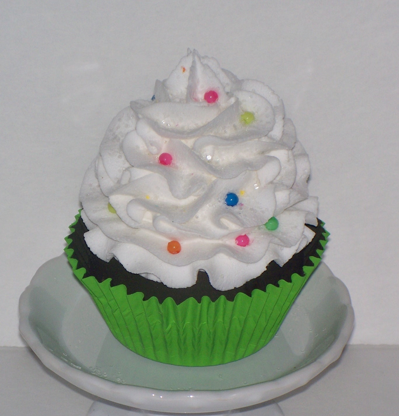 Chocolate Fake Cupcake with White Frosting Rainbow Sprinkles great Photo Props, Birthday Decorations, Home Accents, Display