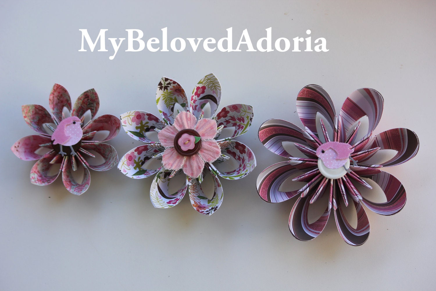 Set of 5 Wall Flowers pink brown and tan- nursery or girl's room decorations