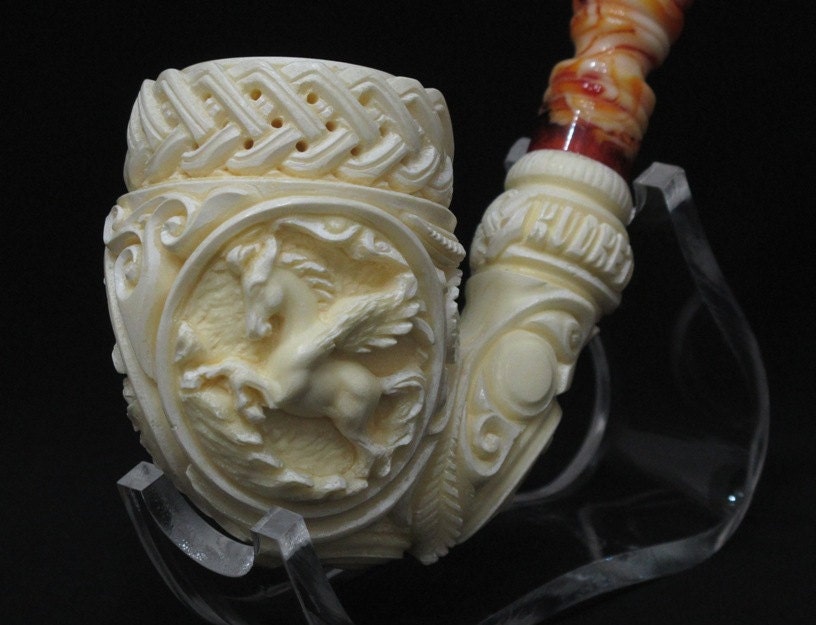 Pegasus Medaillon Meerschaum Pipe w/ Celtic by Kudret Hand Carved Tobacco Smoking Pipes Hand Made w Case Stand Pouch