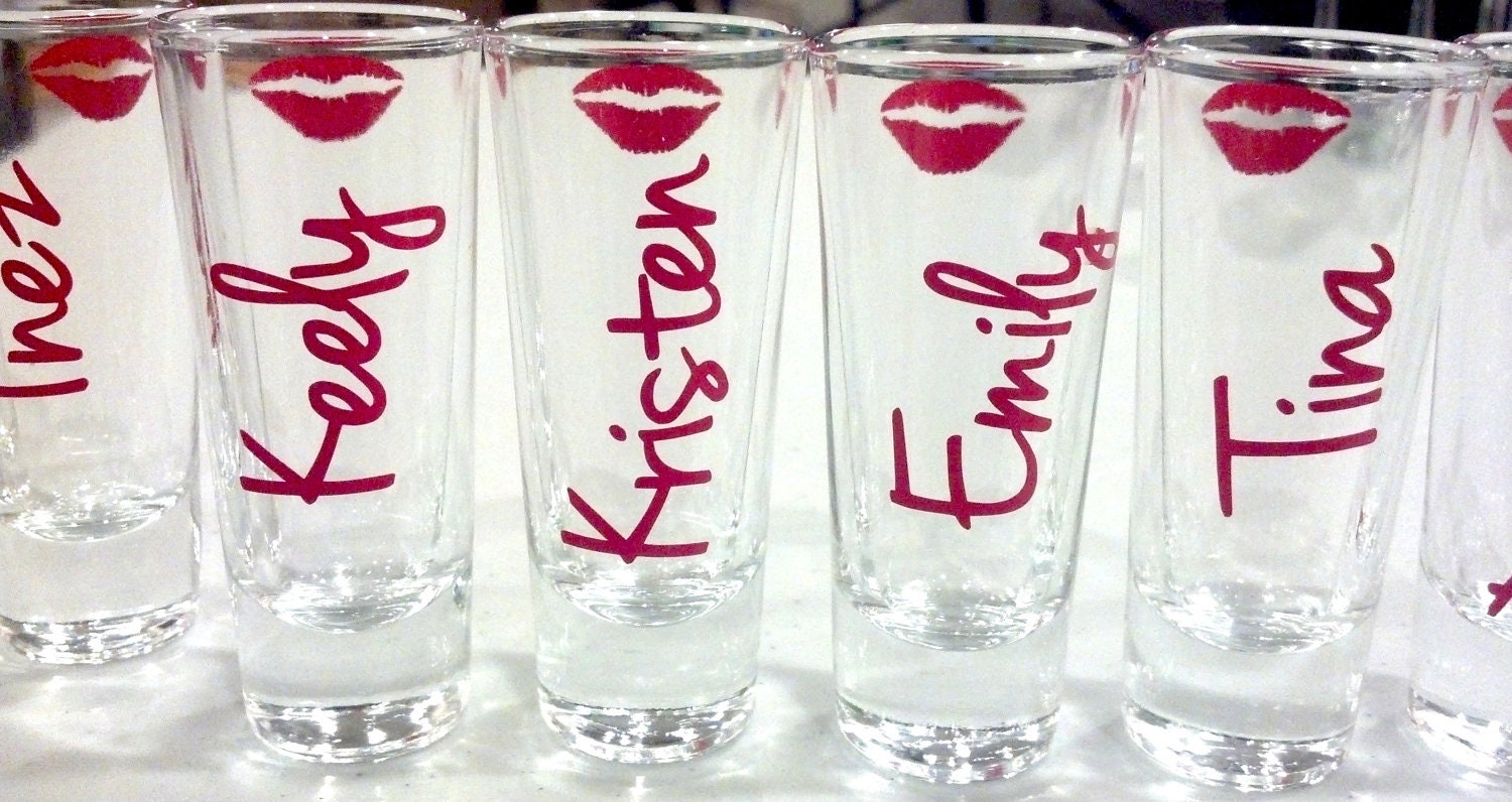 1 Bridesmaids shot glasses, bachelorette favors shot glasses with lips and name.