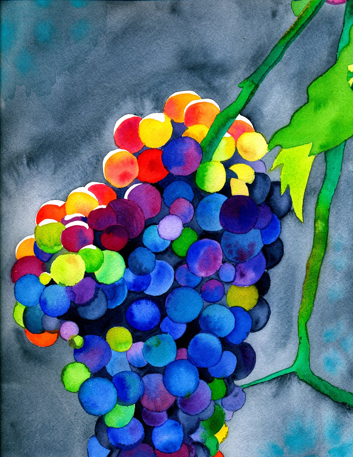Dionysian Dance (Colorful Psychedelic Rainbow Watercolor Grape Painting of Wine Dionysus and Bacchus Fruit Kitchen Art)