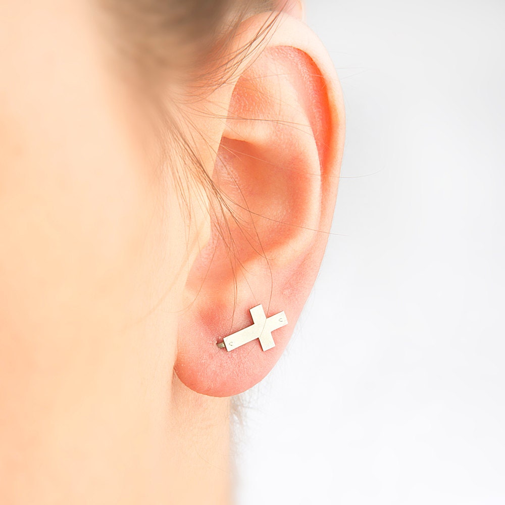 Sideways cross earring, silver cross earring.