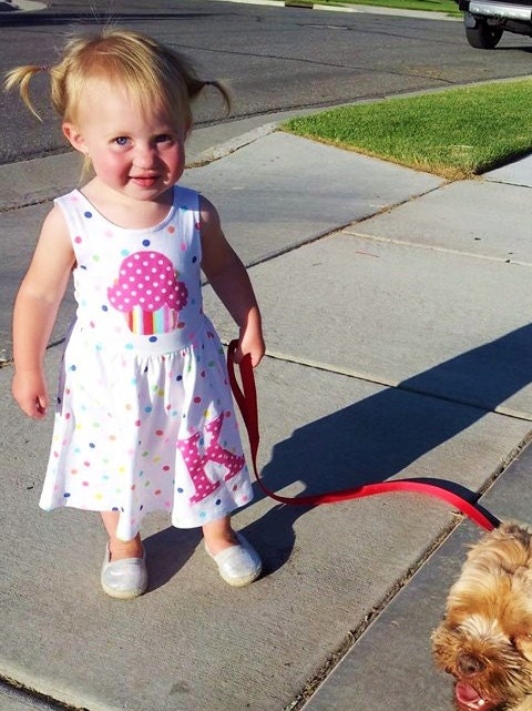 Bubble gum yellow, blue, green polka dot knit tank dress with pink birthday cupcake, personalized with initial or number - sizes 12m - 8