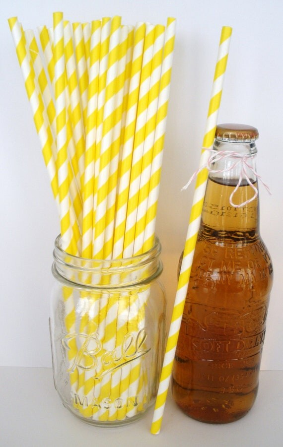 25 Extra Long YELLOW Stripe Paper Straws 10.5 by DimeStoreBuddy