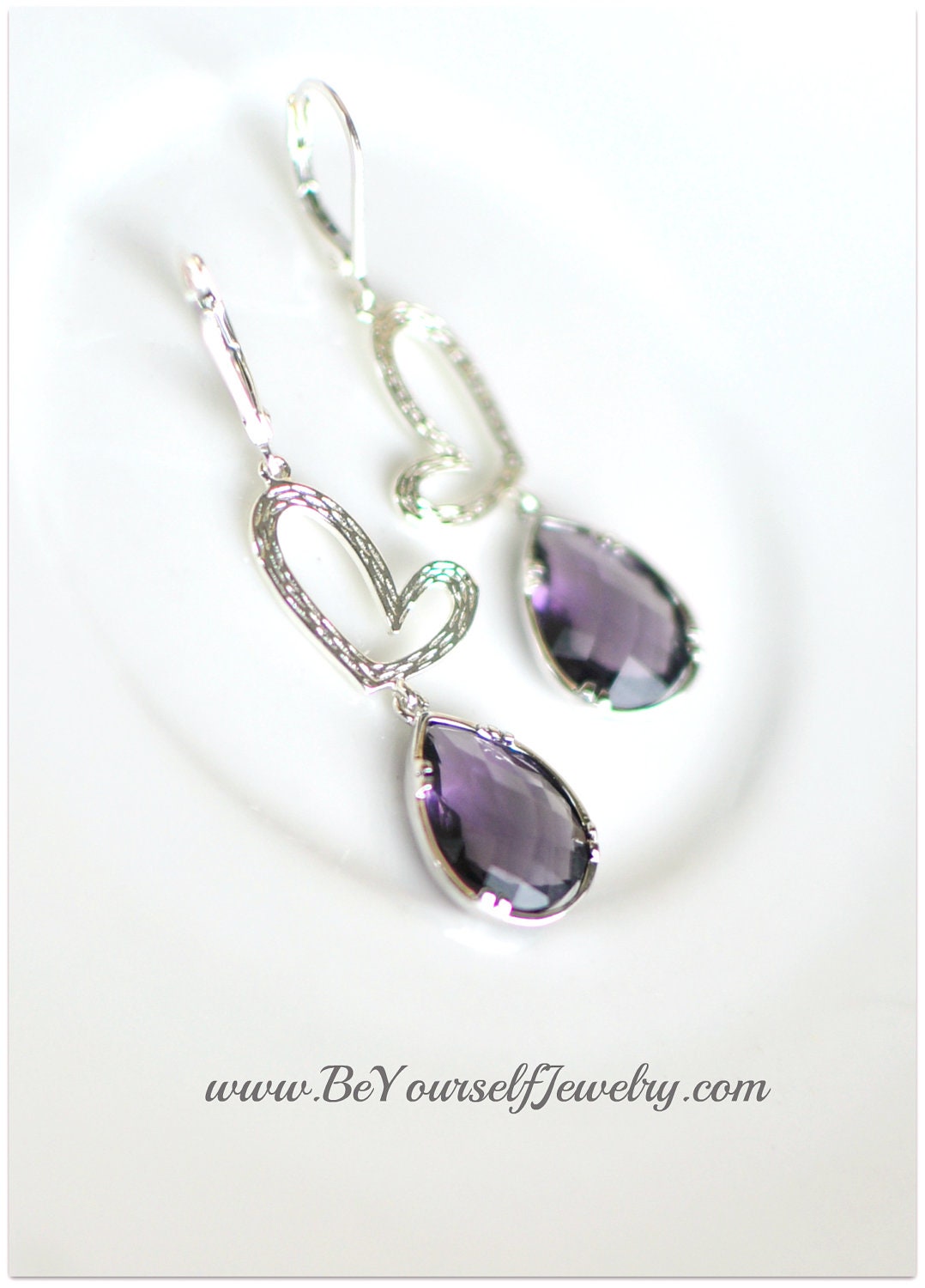 Purple Earrings Teardrop Dangle Earrings Heart Earrings Hypoallergenic Sterling Silver Leverback Earrings Bridesmaid Gift Wedding Jewelry