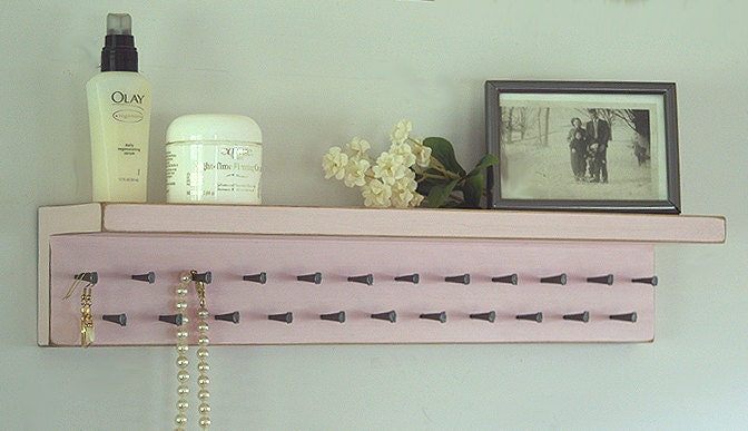 Jewelry Storage Holder Shelf Necklace Organizer Shabby Vintage Pale Pink Wall Shelf  Jewelry Organizer
