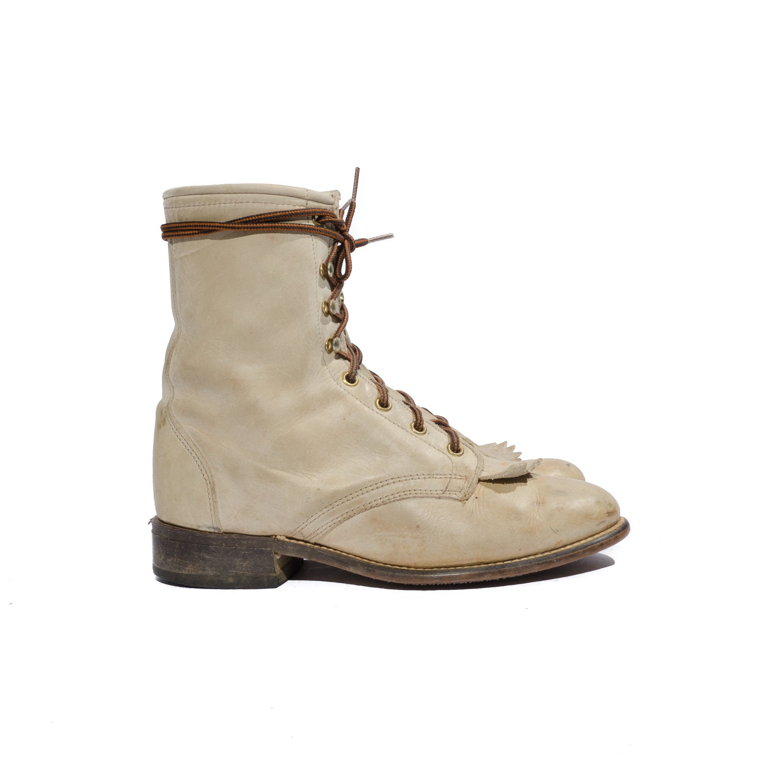 Vintage Laredo Roper Boots in Rugged Cream Colored Leather for a Women's Size 7 M