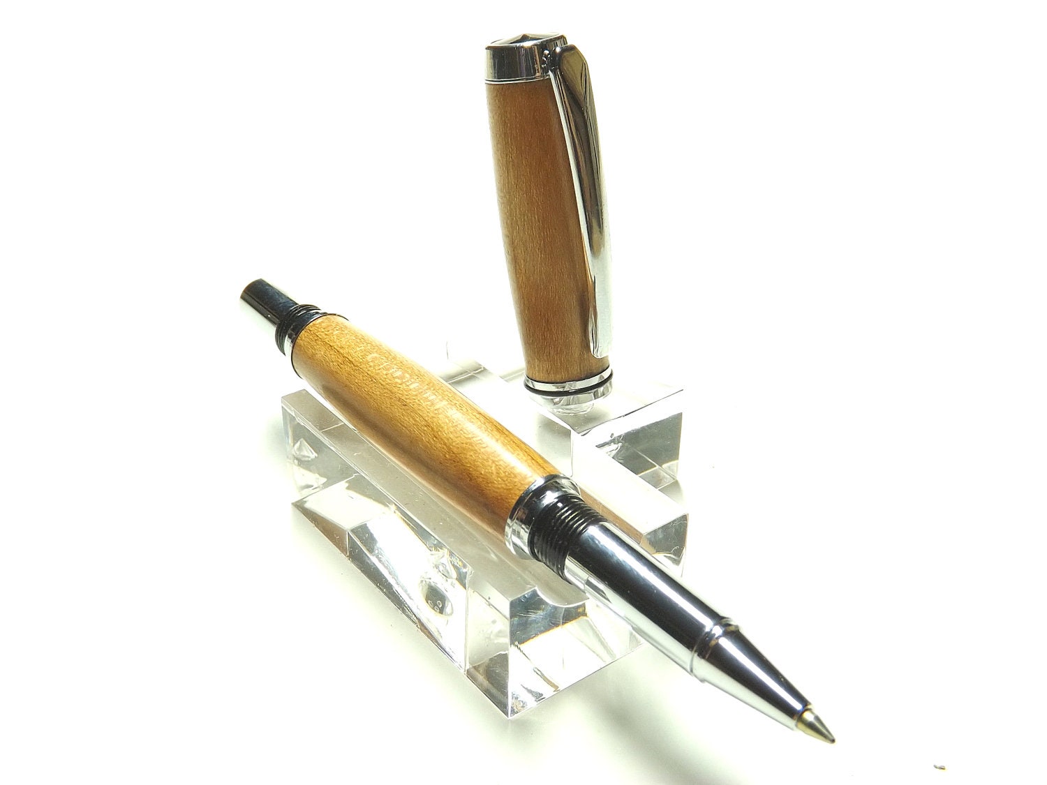 Wood Pen - Hand Turned -  Jr. Gentlemen's Rollerball - Black Cherry Wood - Chrome Hardware - Black Accents - Black Velvet Pouch Included