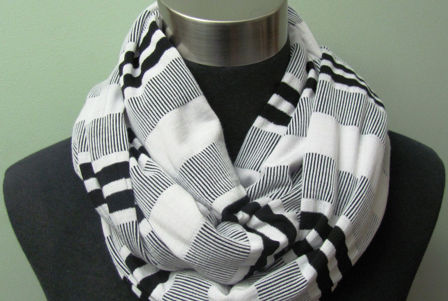 Black and White Striped Knit Infinity Scarf with Silver Thread Accent