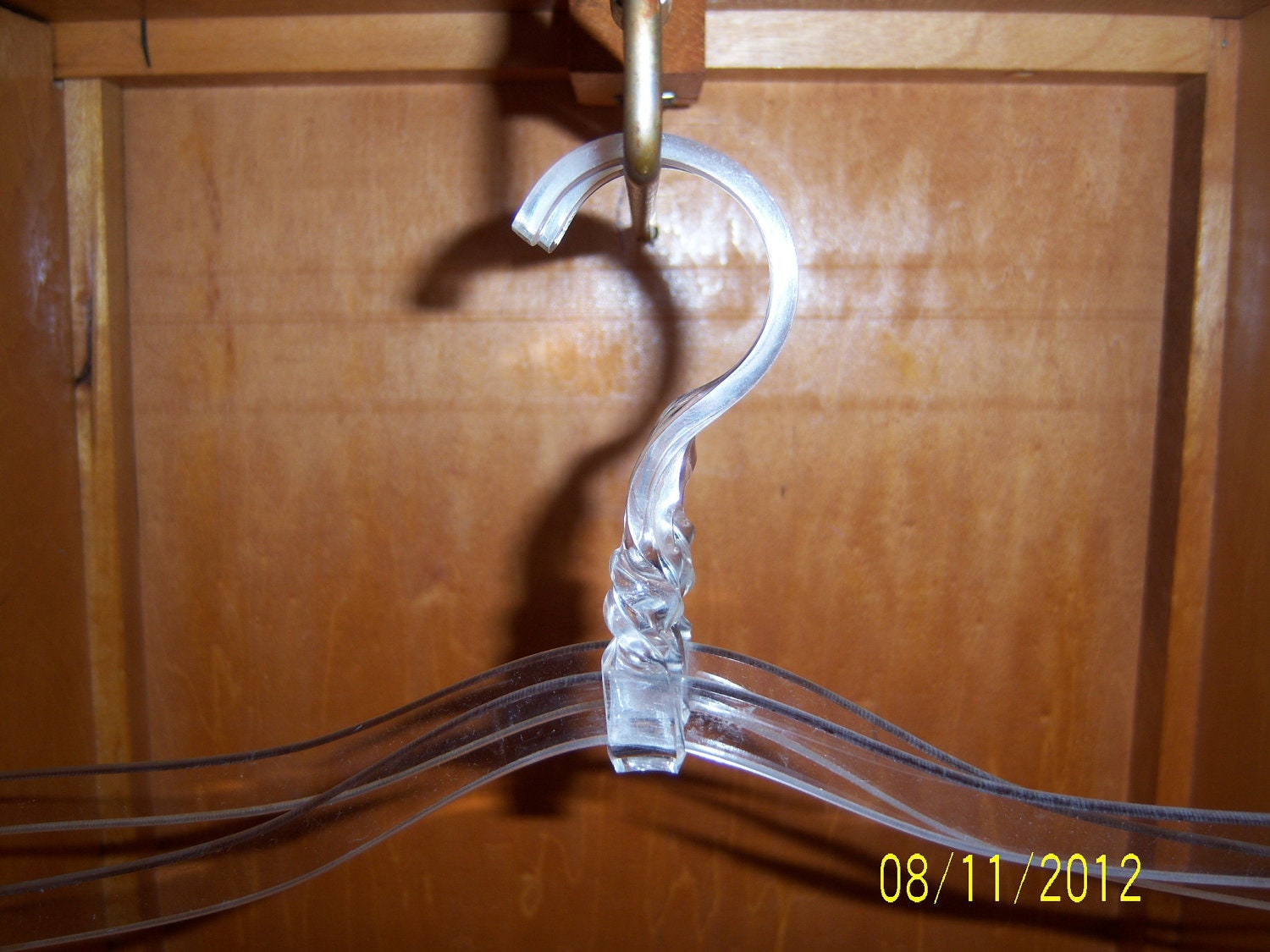 Hollywood Regency Mid Century Clear Lucite Acrylic Dress Garment Hangers - Set of 2