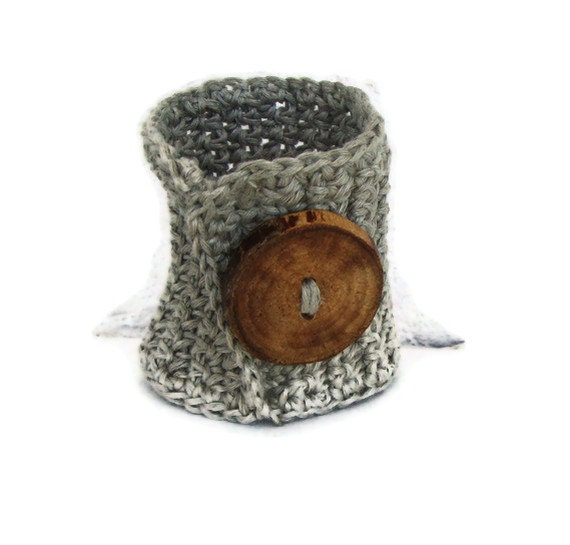 Organic linen bracelet, eco style jewelry, fashion cuff, wooden button, crochet bangle