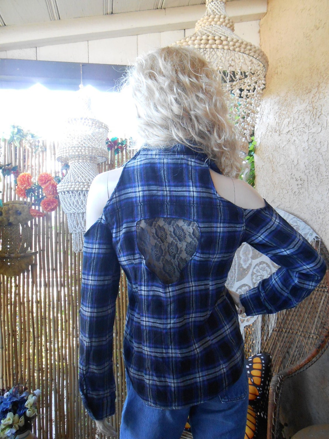OOAK Open Shoulders Upcycled  Plaid Shirt with lace cut out back Sz  S-M