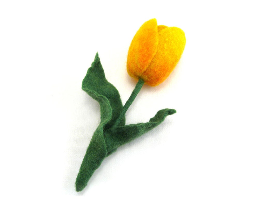 Yellow Tulip felt brooch handcrafted - gift under 35