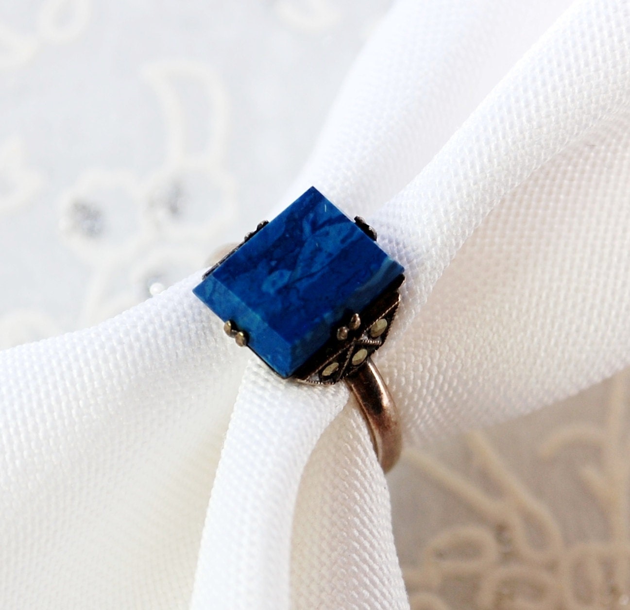 Antique Ring, Blue Lapis Lazuli Gemstone, Angular Square Stone, Marcasites, Sterling Silver, 1920s Art Deco Jewelry