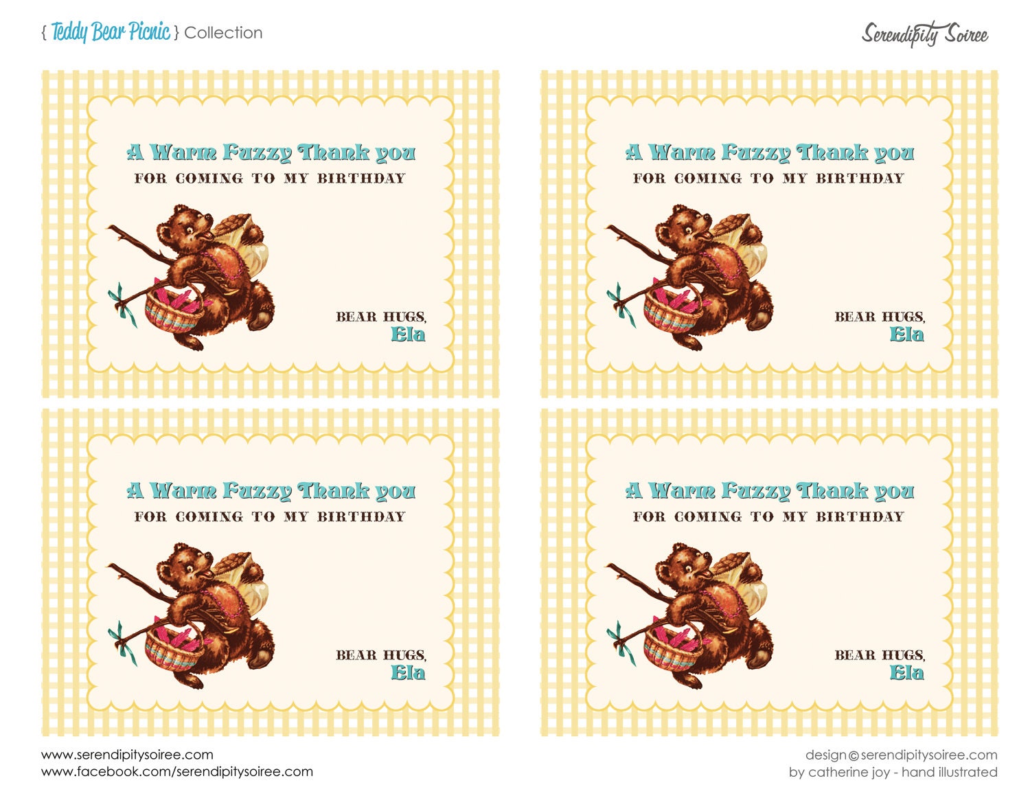 Teddy Bear Picnic (yellow) - Custom Printable Thank you Cards (flat or foldable)- Teddy Bear party, Picnic Il_170x135