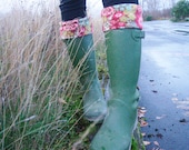 Boot Socks, Boot Cuffs, SLUGS Fleece Rain Boot Liners Brown With A Floral Cuff, Gifts for a Gardener (Med/Lg 9-12 Boot)