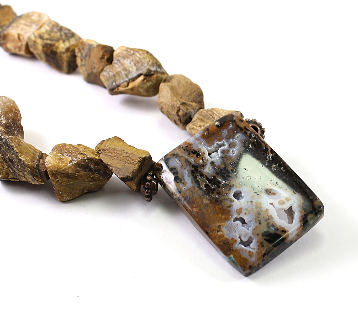 Raw stones necklace - natural rough tiger's eye and druzy petrified wood, tribal chunky jewelry, fall fashion jungle