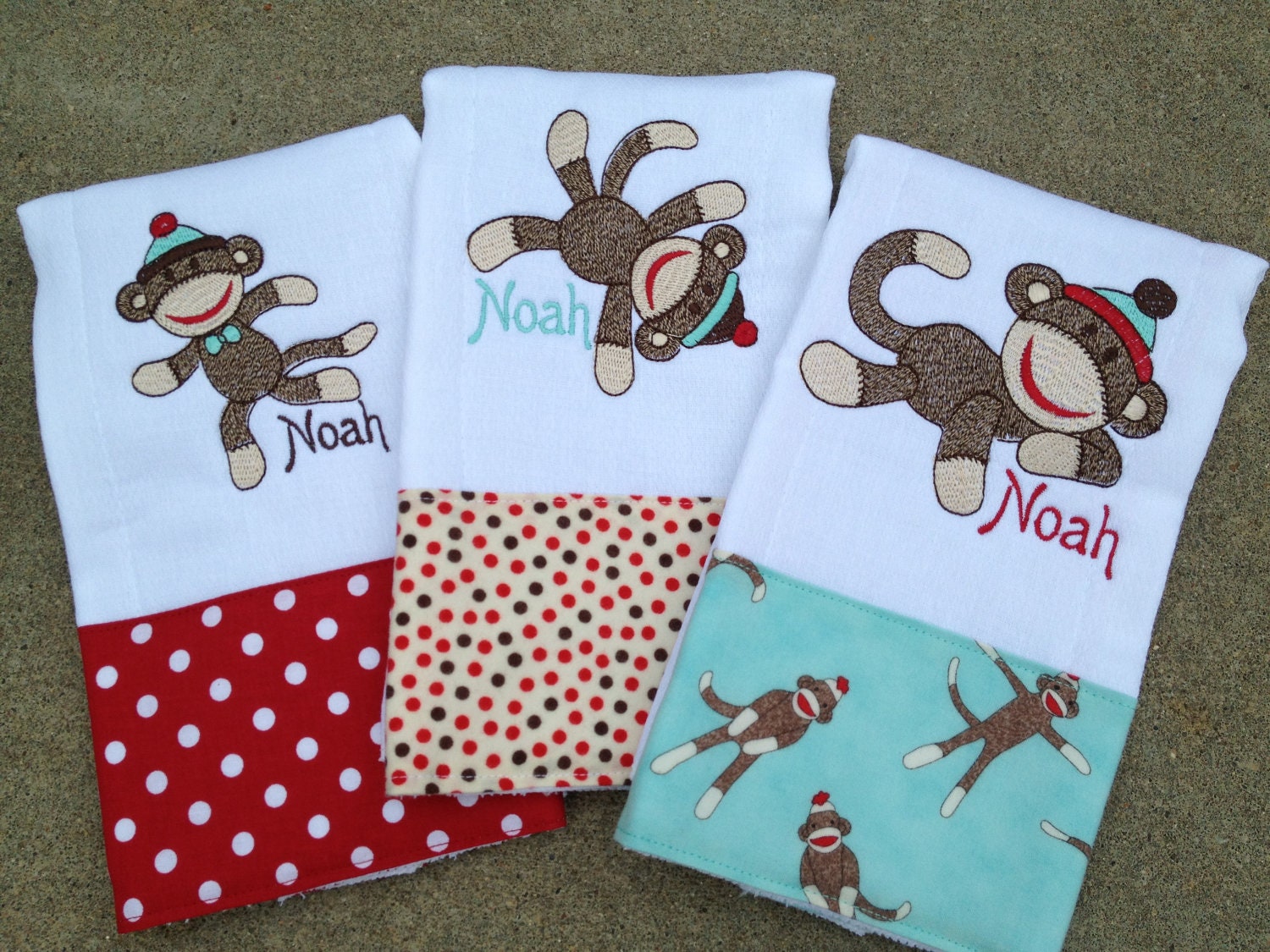 Set of 3 baby boy personalized sock monkey burp cloths