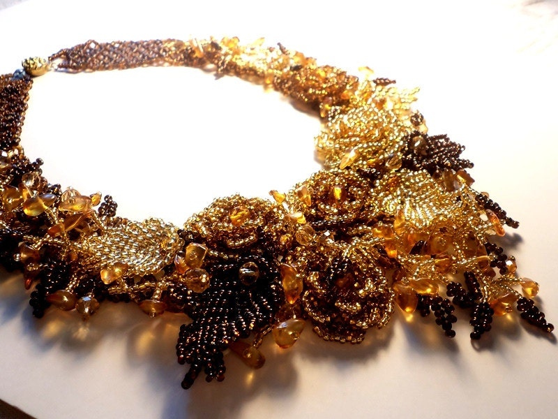 Breath of Autumn - Bedwork Necklace. Seed Bead Flower Necklace.