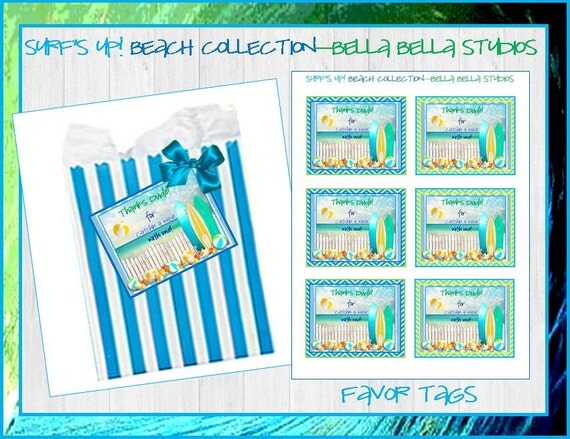 SURF PARTY Instant Download - Printable FAVOR Tags - Summer Pool Beach Party by Bella Bella Studios Il_570xn