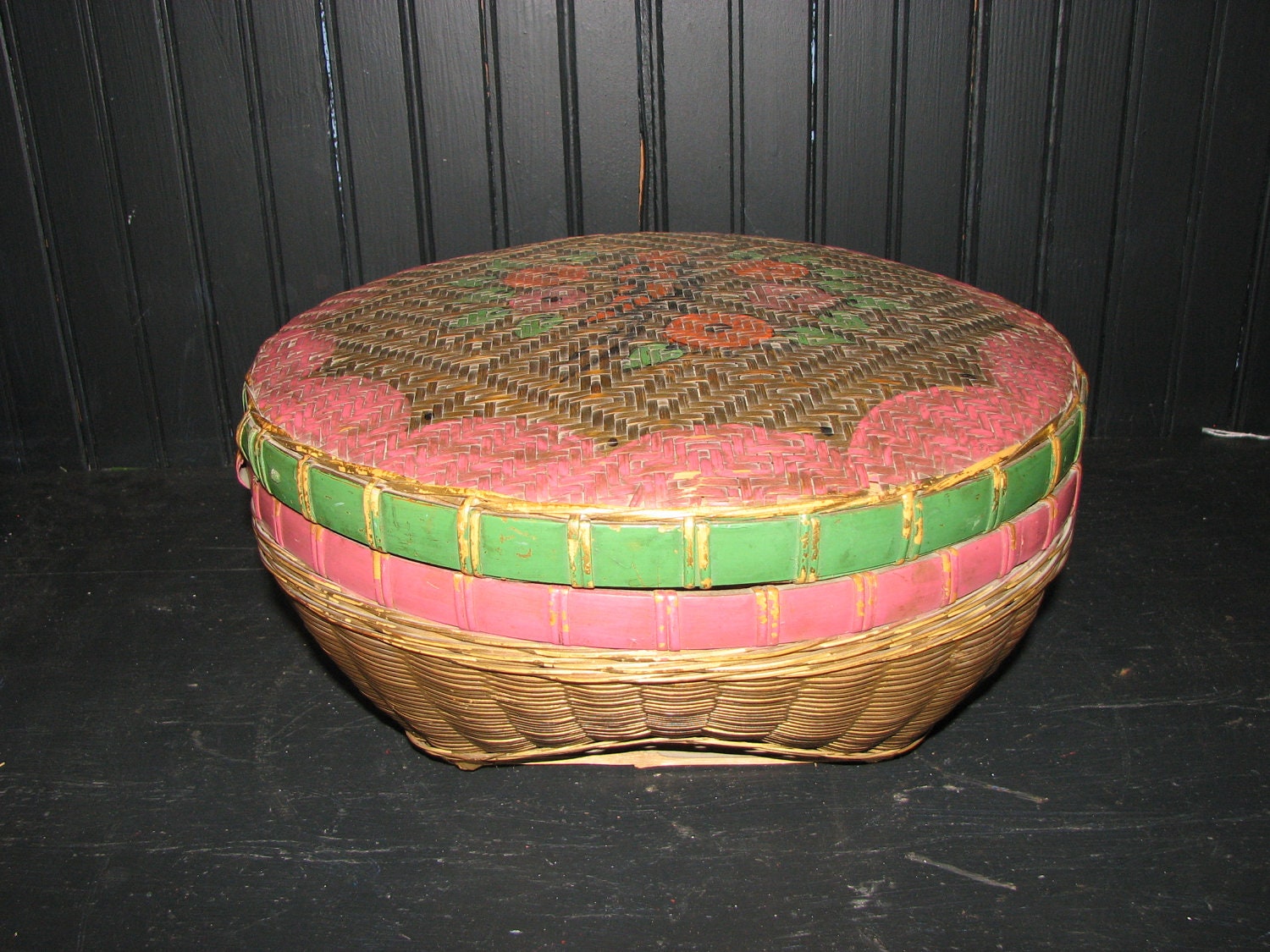 Antique HUGE Chinese Basket Hand Painted Bird Primitive