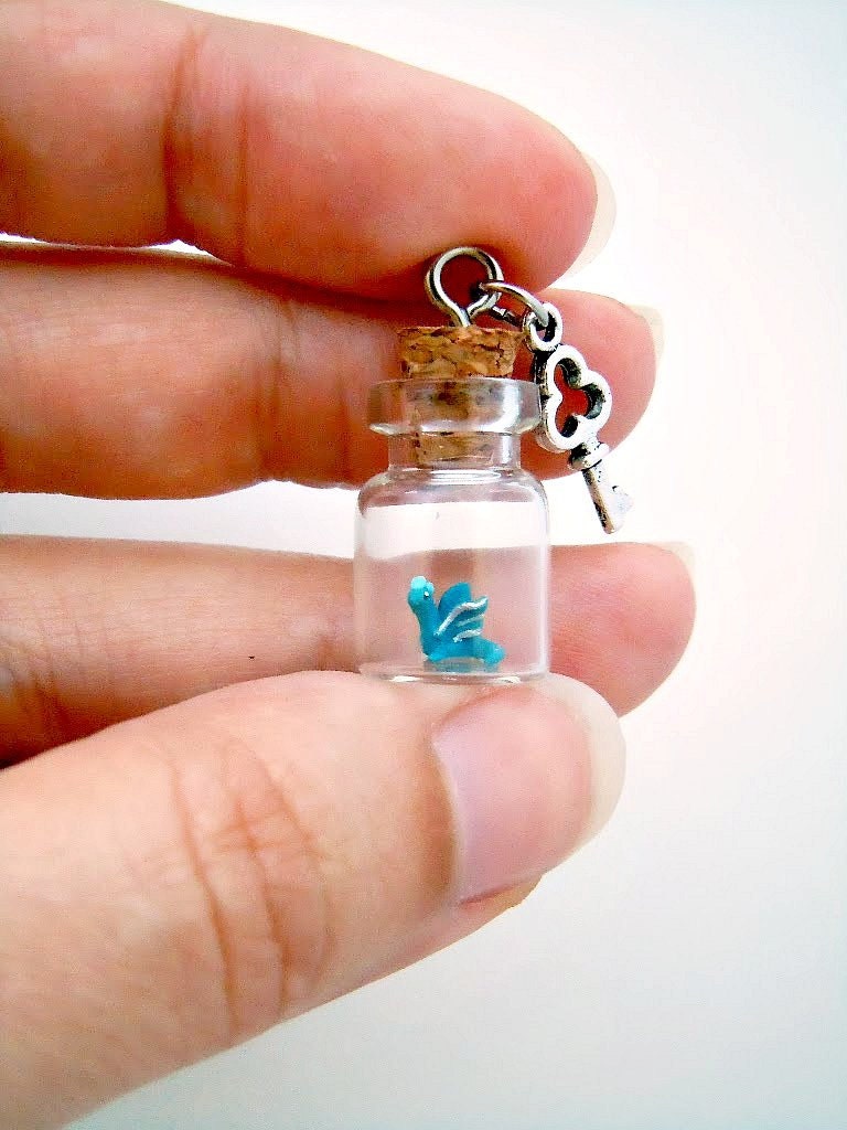 Tiny dragon in a bottle - OOAK pendant in turquoise blue and silver with key charm