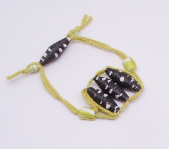 Brown and Lime Handmade Fabric Bead Bracelet, Fiber Cuff, Paper Bead Jewelry