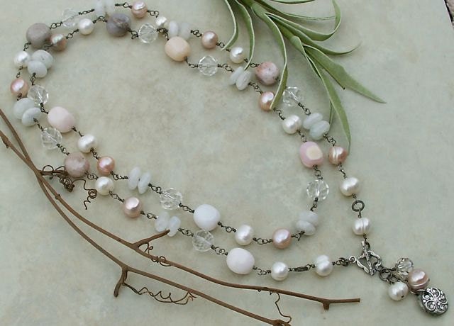 Handmade Freshwater Pearl, Swarovski Crystal, Pink Opal Sterling Silver Long Wrap Necklace, 36"