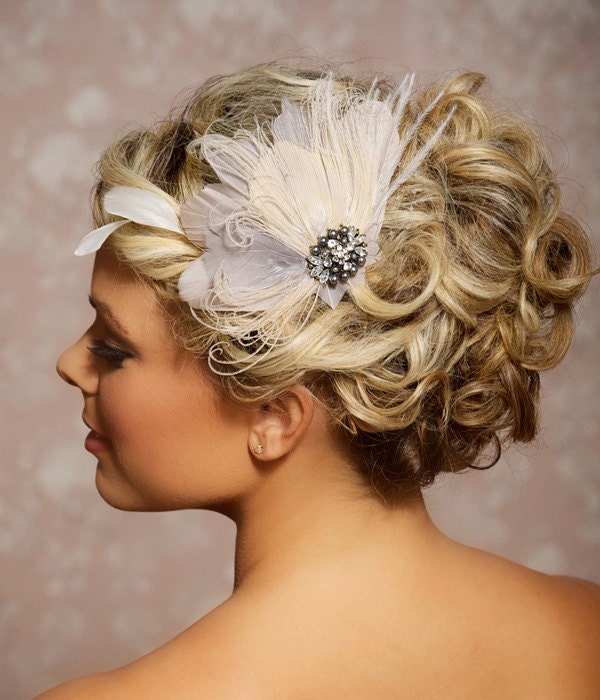 Grey Bridal Head Piece, Champagne Peacock Feather Headpiece, Wedding Hair Accessories, Gray Fascinator, Hair Clip - Ready to Ship - JILLIAN