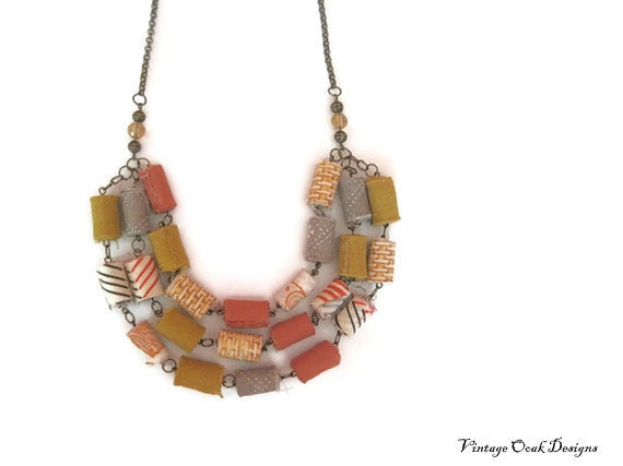 autumn sky - mustard yellow, rustic orange & grey fiber textiles necklace, layers of hand-rolled fiber beads, tribal design, fall fashion,