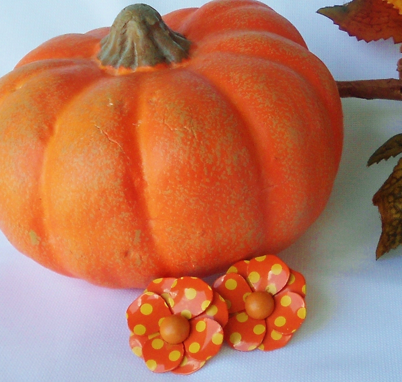 Orange Polka Dot Pin Up Enamel Flower Earrings Clip On