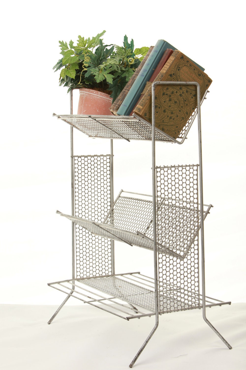 Silver Mid Century Modern Book Rack, CD, DVD, LP, Wire Rack 3 Tiered Shelves