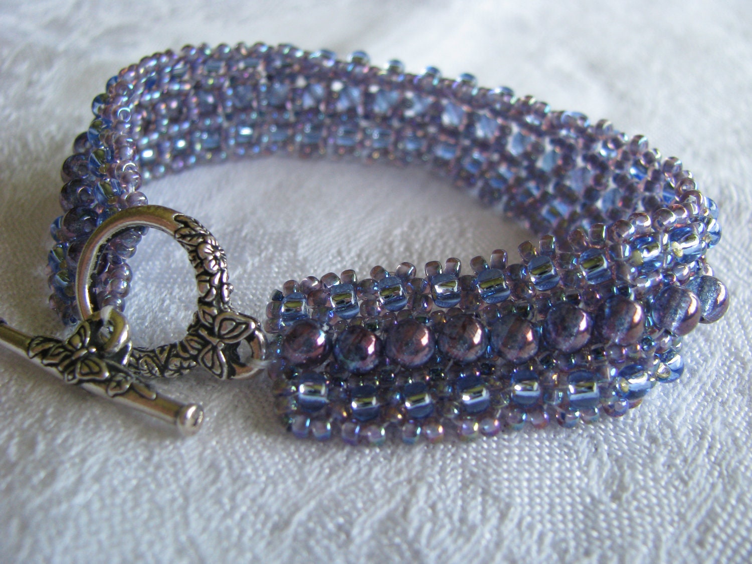 Lavender Blue Beadwoven Bracelet, with Silver Flower Butterfly Closure