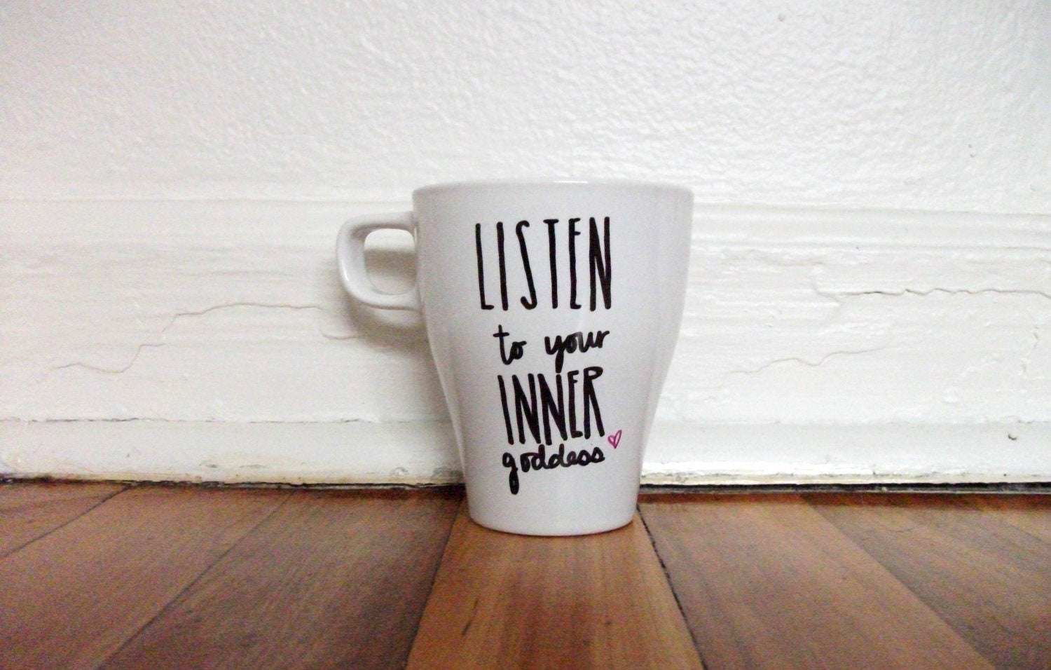 Listen to Your Inner Goddess Hand Illustrated White Sharpie Art Mug Cup Fifty Shades Book Quote Minimal Modern Contemporary Ceramic